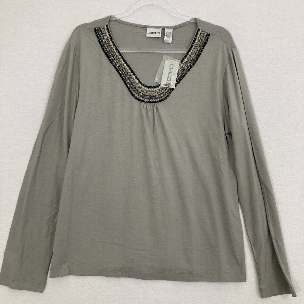 New Chico’s Gray V Neck Beaded Long Sleeve Stretch‎ Knit Ultra Soft Top Large/2